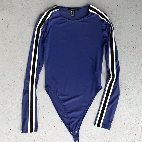 FOREVER 21 Sheer Royal Blue Long Racing Stripe Sleeves Risqué One Piece Bodysuit - Picture 2 of 7